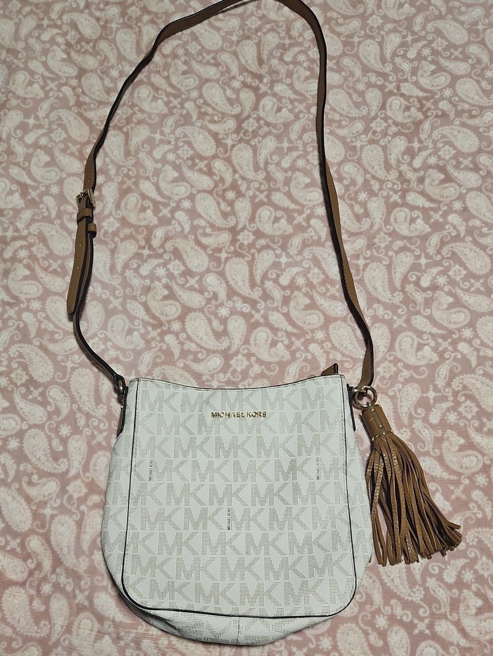 Michael Kors White MK Logo Crossbody with Tan Tassel